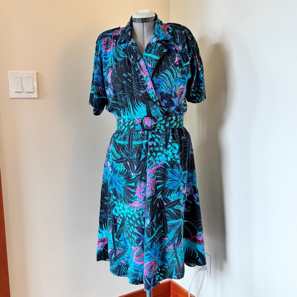 Vintage Just A Teeze Tropical Belted Dress 80s 90s Teal Floral Midi